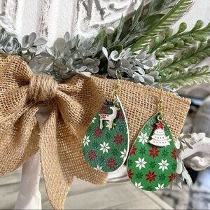 Handmade Christmas Reindeer Tree & Snowflakes Teardrop Statement Earrings